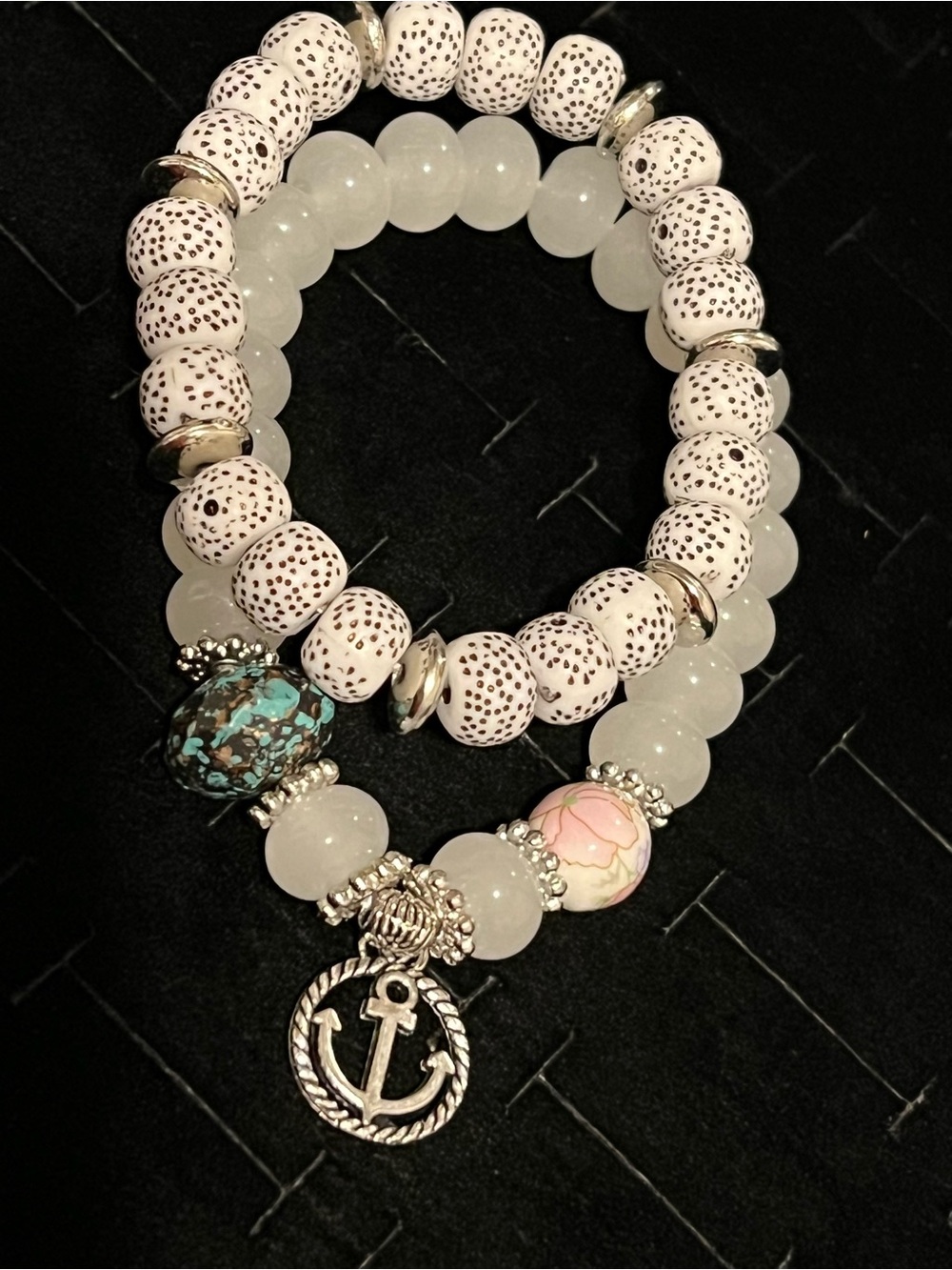 White Beaded Anchor Charm Bracelet Stack - Women Jewelry set
